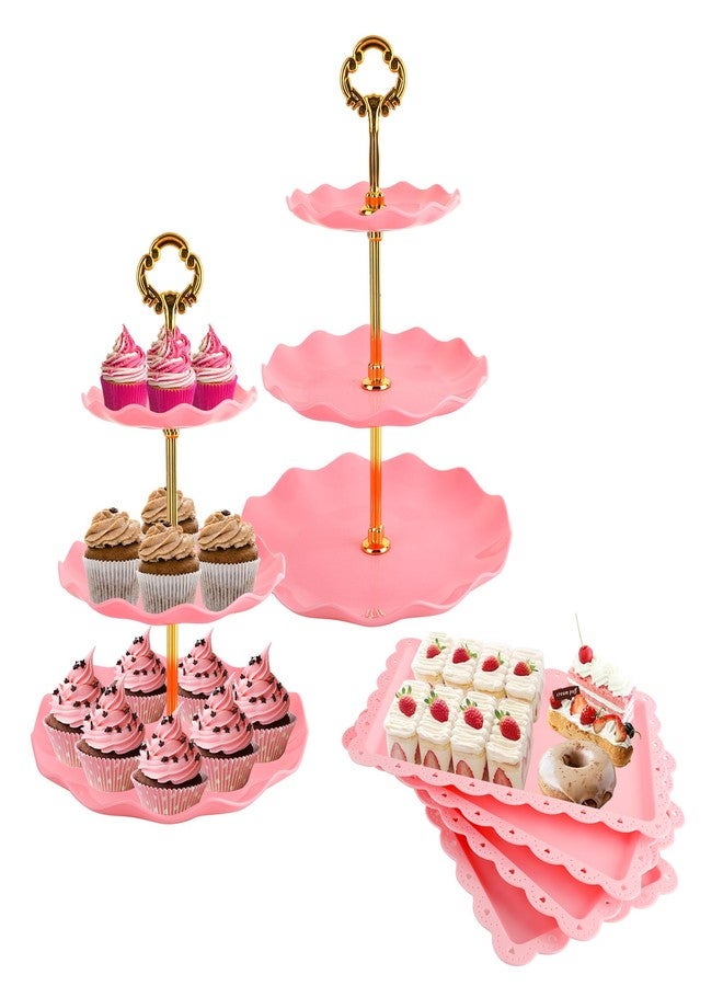 FARQAN 6 Pcs Cupcake Stand Set - Pink Plastic Dessert Table Display Set, 2X Pink Round 3 Tier Cupcake Display Stands Cookie Tray Rack Serving Tower & 4X 14 in Plastic Trays for Wedding Baby Shower Tea Party - Image 1