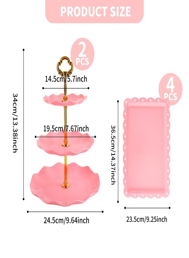 FARQAN 6 Pcs Cupcake Stand Set - Pink Plastic Dessert Table Display Set, 2X Pink Round 3 Tier Cupcake Display Stands Cookie Tray Rack Serving Tower & 4X 14 in Plastic Trays for Wedding Baby Shower Tea Party - Image 2