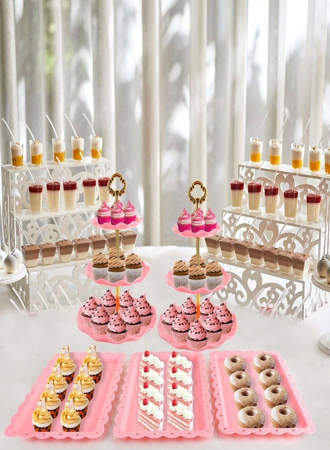 FARQAN 6 Pcs Cupcake Stand Set - Pink Plastic Dessert Table Display Set, 2X Pink Round 3 Tier Cupcake Display Stands Cookie Tray Rack Serving Tower & 4X 14 in Plastic Trays for Wedding Baby Shower Tea Party - Image 5