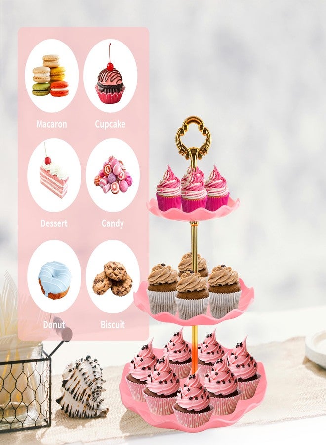 FARQAN 6 Pcs Cupcake Stand Set - Pink Plastic Dessert Table Display Set, 2X Pink Round 3 Tier Cupcake Display Stands Cookie Tray Rack Serving Tower & 4X 14 in Plastic Trays for Wedding Baby Shower Tea Party - Image 4
