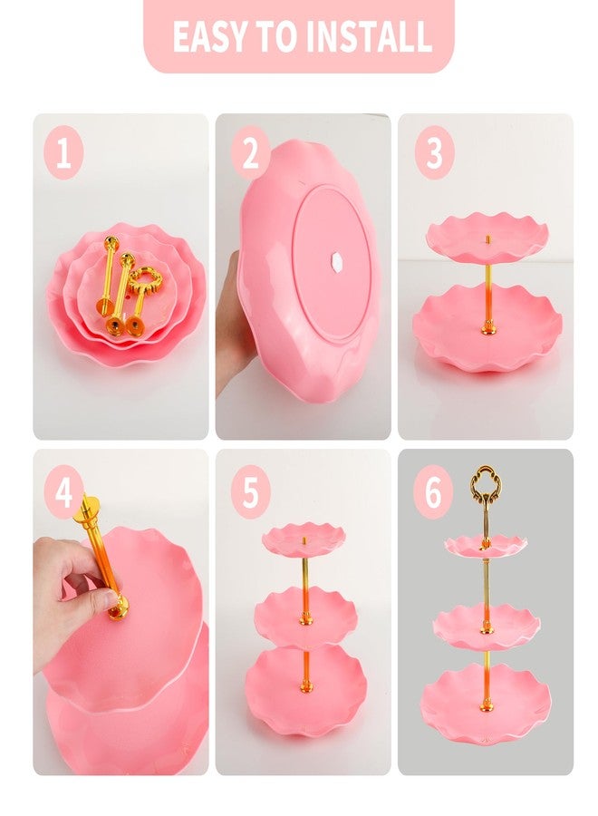 FARQAN 6 Pcs Cupcake Stand Set - Pink Plastic Dessert Table Display Set, 2X Pink Round 3 Tier Cupcake Display Stands Cookie Tray Rack Serving Tower & 4X 14 in Plastic Trays for Wedding Baby Shower Tea Party - Image 3