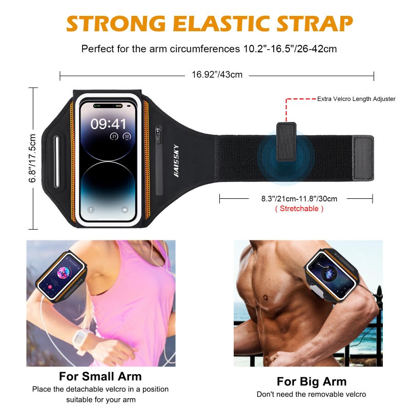 HAISSKY Running Armband with Earphone Bag Cell Phone Armband for iPhone 17 16 15 Pro 14 Plus 13 11 XR, Galaxy S24/S10 Water Resistant Sports Phone Holder Case & Zipper Slot Car Key Holder for 6.9 inch Phone - Image 5