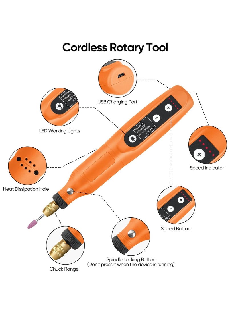 طقم أدوات دوارة، أدوات دوارة صغيرة لاسلكية 5 سرعات قابلة للتعديل وكابل شحن USB، 3.7 فولت مع 45 قطعة ملحقات للتقطيع، الثقب، الصنفرة، النقش، التلميع والحرف اليدوية باللون البرتقالي  - Image 2