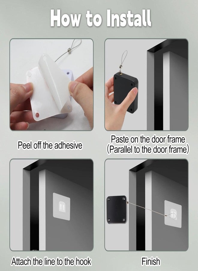 vibedor 2 Packs Automatic Door Closer, Punch-Free Sliding Door Closer Steel Pull Cord Multifunctional Drawstring Auto Closers for Bathroom, Bedroom, Residential(Black, 1000N) - Image 5