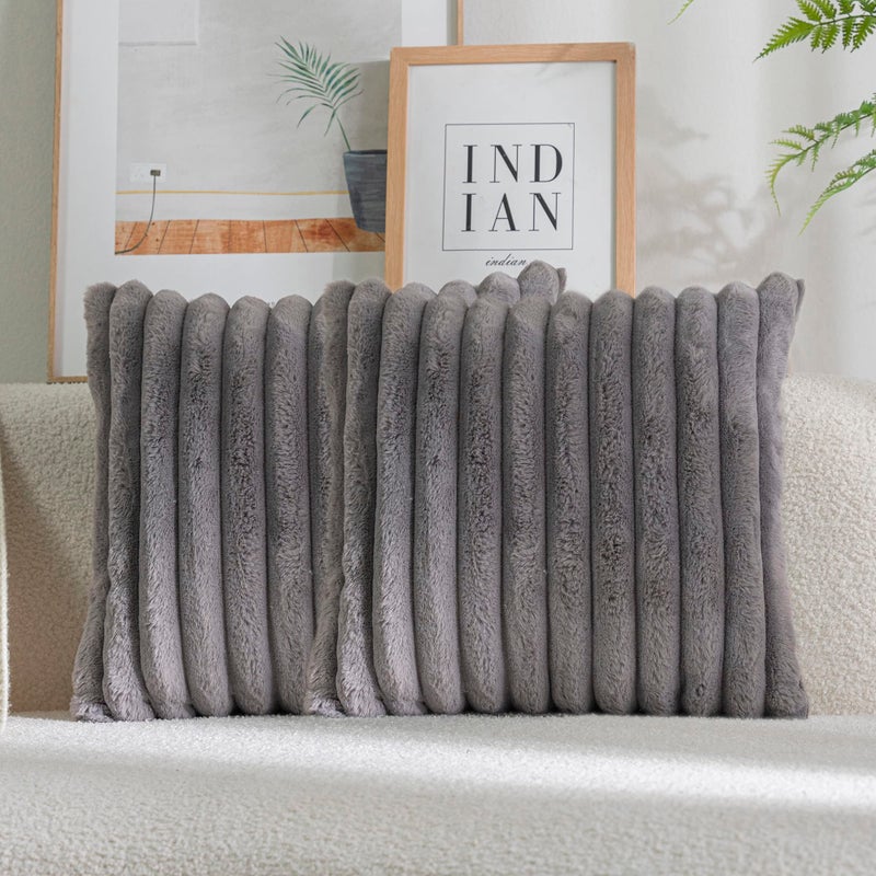 DEELAND Pack of 2DoubleSided Faux Fur Plush Decorative Throw Pillow Covers Fuzzy Striped Soft Pillowcase Cushion Covers for Sofa Couch Bedroom
