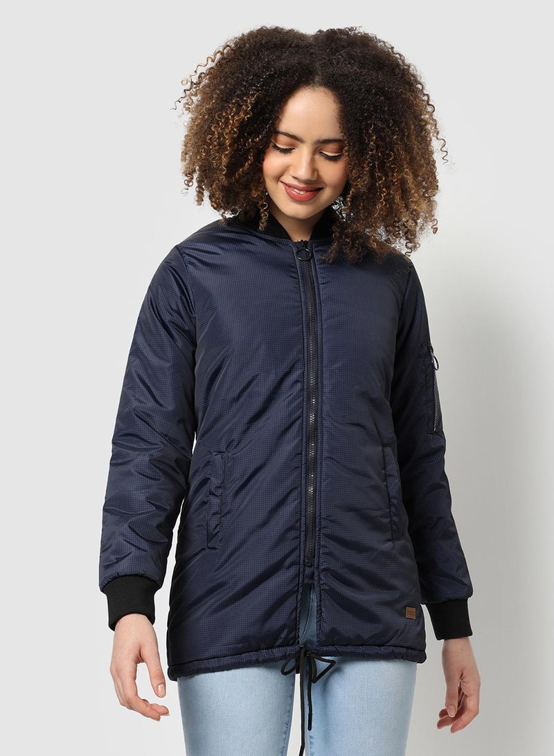 Campus Sutra Women's Navy Blue Micro Checkered Long Puffer Jacket - Image 2