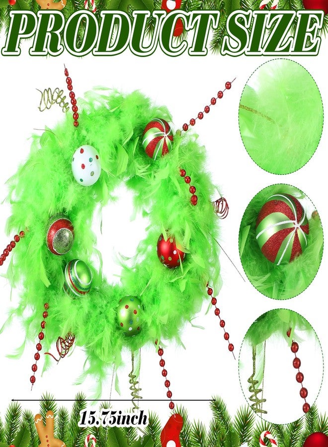 Daifunli 15.75 Inch Lime Green Christmas Door Wreath Christmas Front Door Decoration Plush Wreath with Balls Ornaments Plush Artificial Garland for Living Room Wall Window Hanging Decor - Image 2