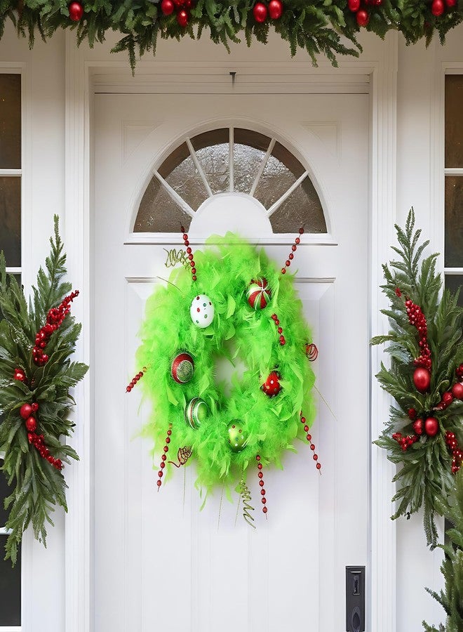 Daifunli 15.75 Inch Lime Green Christmas Door Wreath Christmas Front Door Decoration Plush Wreath with Balls Ornaments Plush Artificial Garland for Living Room Wall Window Hanging Decor - Image 3