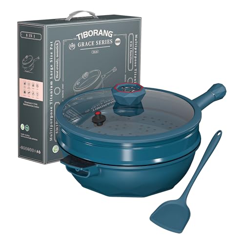 TIBORANG 8 in 1 Multipurpose 11 Inch 5 Quart Heat Indicator Nonstick Deep Frying Pan with Glass Lid,Steamed Grid,PFOA-Free,Dishwasher&Oven Safe,Works with All Stovetops (Dark Teal) - Image 1
