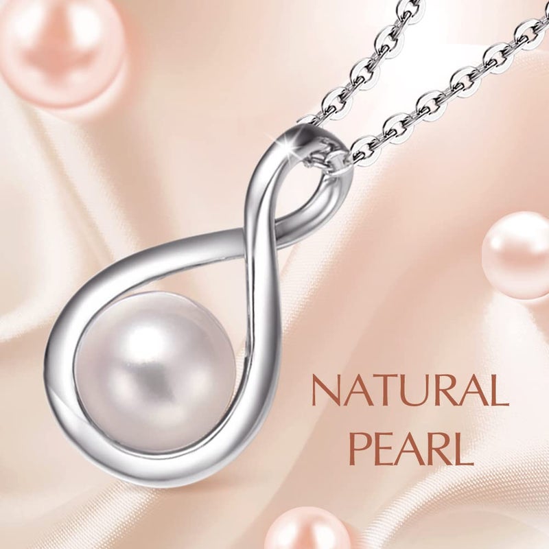 FANCIME White Pearl Necklace June Birthstone Necklace for Women, 925 Sterling Silver Dainty Infinity Pendant Fine Jewelry Birthday Christmas Gifts for Women Her Mom Daughter, 16+2 Inch - Image 3
