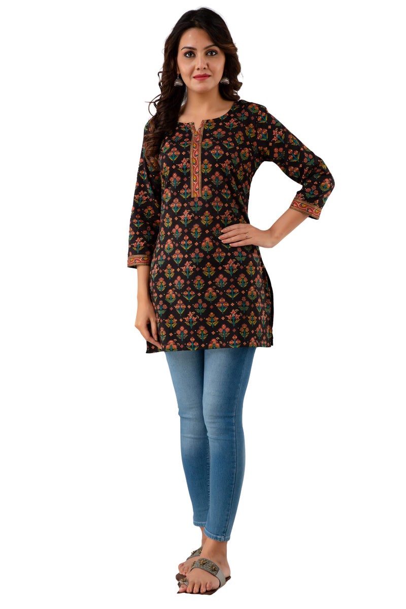 Rapsodia Women Cotton Black Floral Printed Regular Fit Short Kurti, Jaipuri Gold Printed Tunic for Girls and Women's, Small - Image 1