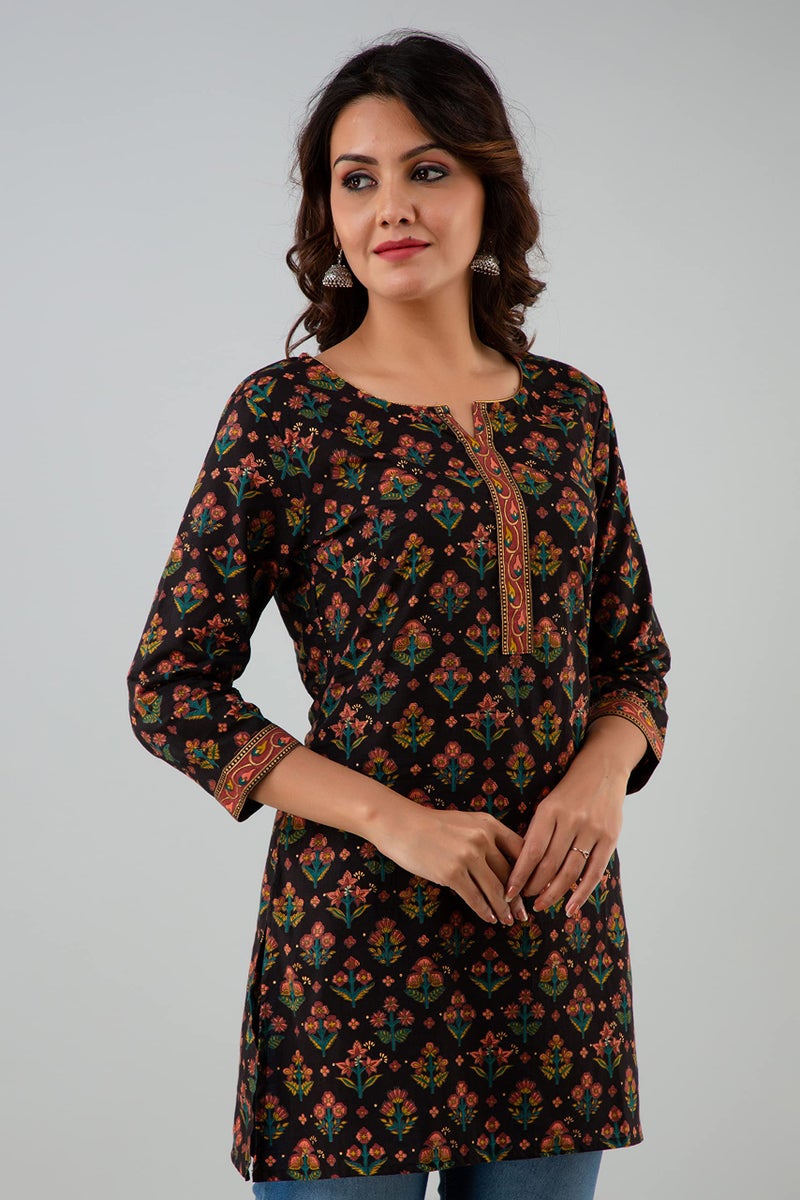 Rapsodia Women Cotton Black Floral Printed Regular Fit Short Kurti, Jaipuri Gold Printed Tunic for Girls and Women's, Small - Image 4