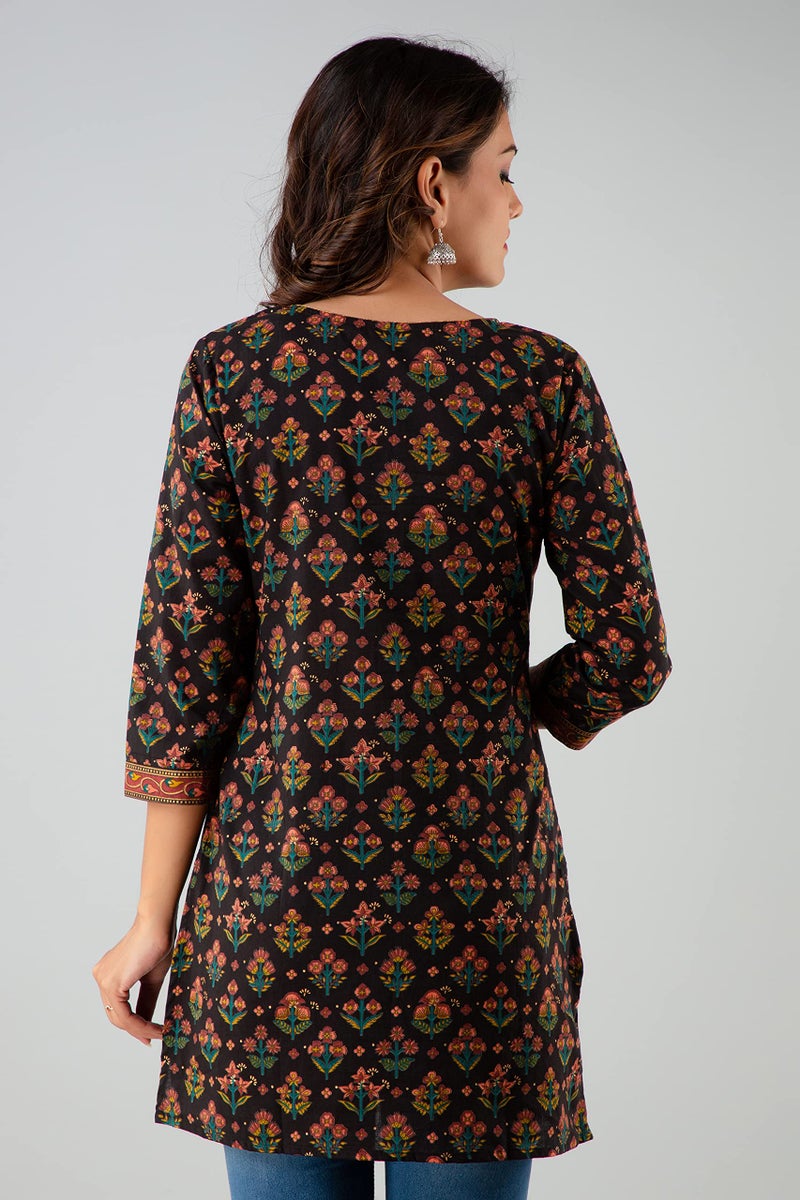 Rapsodia Women Cotton Black Floral Printed Regular Fit Short Kurti, Jaipuri Gold Printed Tunic for Girls and Women's, Small - Image 5