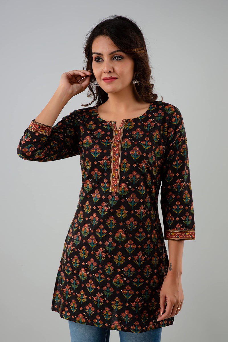 Rapsodia Women Cotton Black Floral Printed Regular Fit Short Kurti, Jaipuri Gold Printed Tunic for Girls and Women's, Small - Image 2