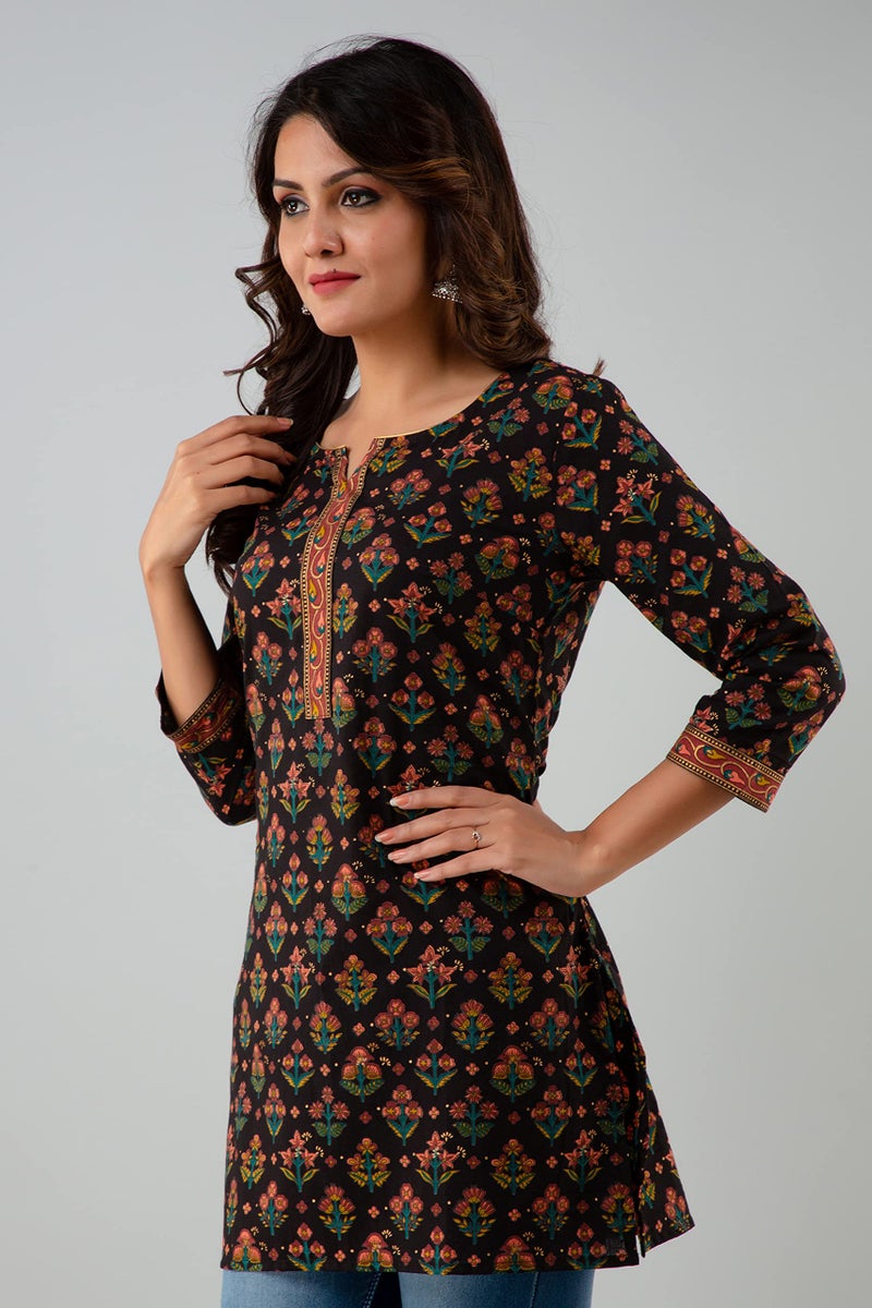 Rapsodia Women Cotton Black Floral Printed Regular Fit Short Kurti, Jaipuri Gold Printed Tunic for Girls and Women's, Small - Image 3