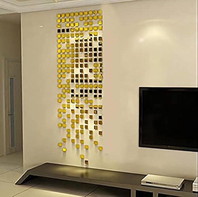 WallDaddy Wall Stickers for Home Decoration 100 Pieces (3cm Each) Square Mirrors Golden Wall Stickers 3D Acrylic Mirror Stickers for Bedroom Home Decor (Golden) - Image 1