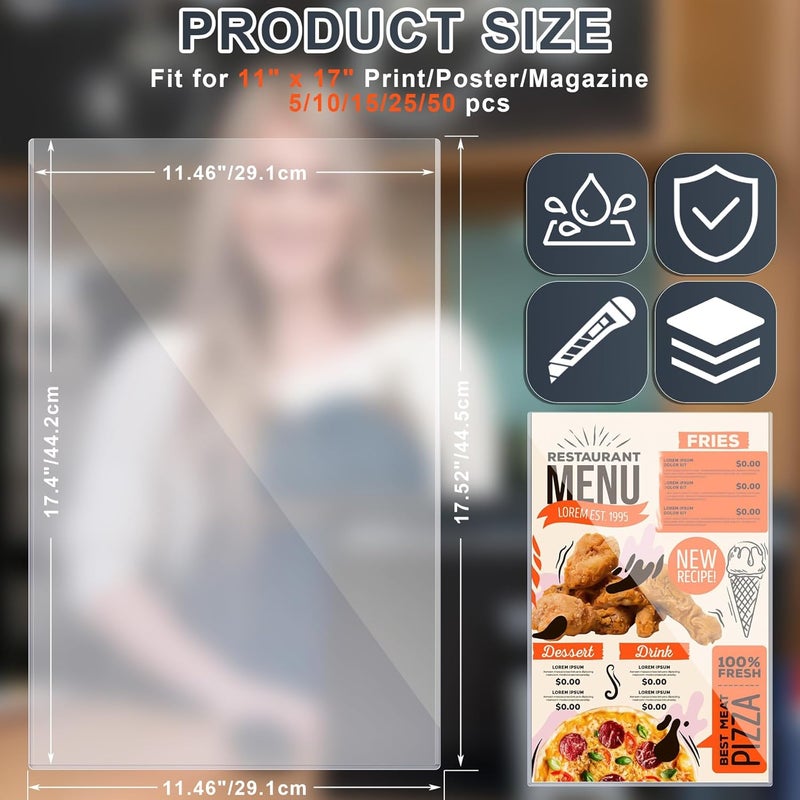 AKONEGE 5Pcs 11" x 17" Rigid Print Protectors Hard Plastic Sleeves for Prints, Menu Cover, Heavy Duty Sheet Poster Protectors Clear Plastic Sleeves for Paper Photos Documents Magazines, Vertical - Image 2