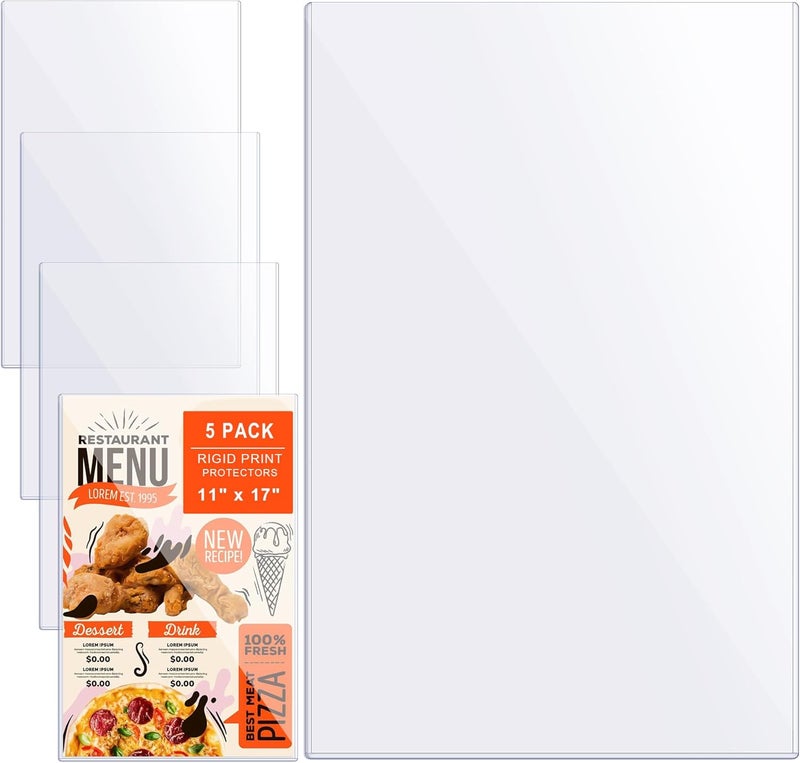 AKONEGE 5Pcs 11" x 17" Rigid Print Protectors Hard Plastic Sleeves for Prints, Menu Cover, Heavy Duty Sheet Poster Protectors Clear Plastic Sleeves for Paper Photos Documents Magazines, Vertical - Image 1