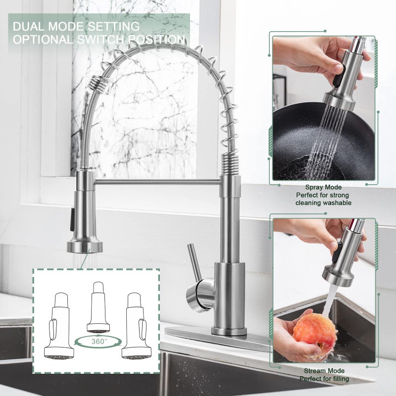 WEWE Kitchen Faucets, Brushed Nickel Kitchen Faucet with Pull Down Sprayer, Industrial Spring Single Handle Stainless Steel Kitchen Sink Faucet with Deck Plate, 1 Hole or 3 Hole for Laundry Rv - Image 3