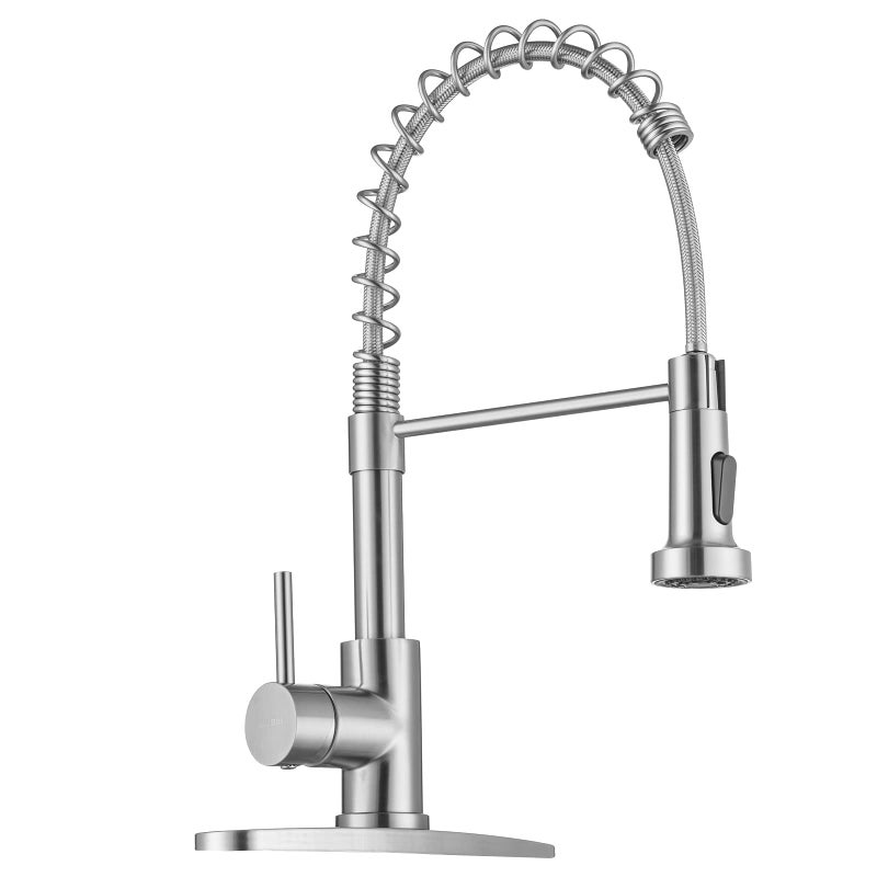 WEWE Kitchen Faucets, Brushed Nickel Kitchen Faucet with Pull Down Sprayer, Industrial Spring Single Handle Stainless Steel Kitchen Sink Faucet with Deck Plate, 1 Hole or 3 Hole for Laundry Rv - Image 1