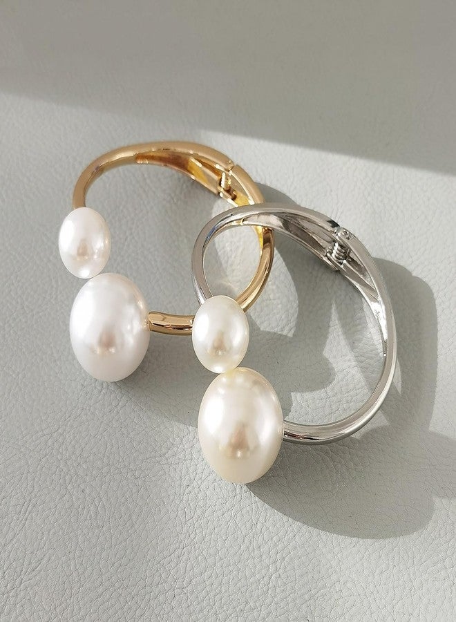 Jumwrit 2pcs Bangle Cuff Bracelets for Women Punk Statement Open Thick Chunky Bracelet Vintage Boho Big Pearl Wrist Cuff Bracelets Trendy Accessories Gift - Image 4