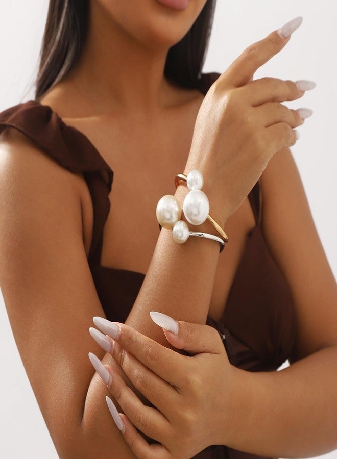 Jumwrit 2pcs Bangle Cuff Bracelets for Women Punk Statement Open Thick Chunky Bracelet Vintage Boho Big Pearl Wrist Cuff Bracelets Trendy Accessories Gift - Image 2