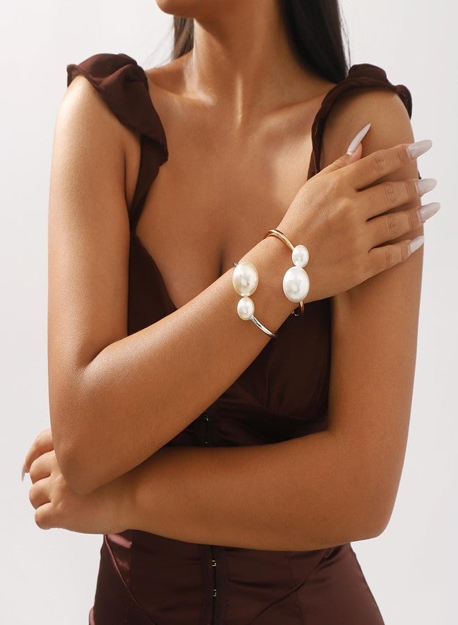 Jumwrit 2pcs Bangle Cuff Bracelets for Women Punk Statement Open Thick Chunky Bracelet Vintage Boho Big Pearl Wrist Cuff Bracelets Trendy Accessories Gift - Image 3