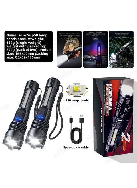 White Laser Flashlight COB Side Light Warning Work Light Outdoor Super Bright Waterproof Strong Light Flashlight-Color:A76-p50 Aluminum Head [built-in 1200 Ma + Wiring] Two Pack