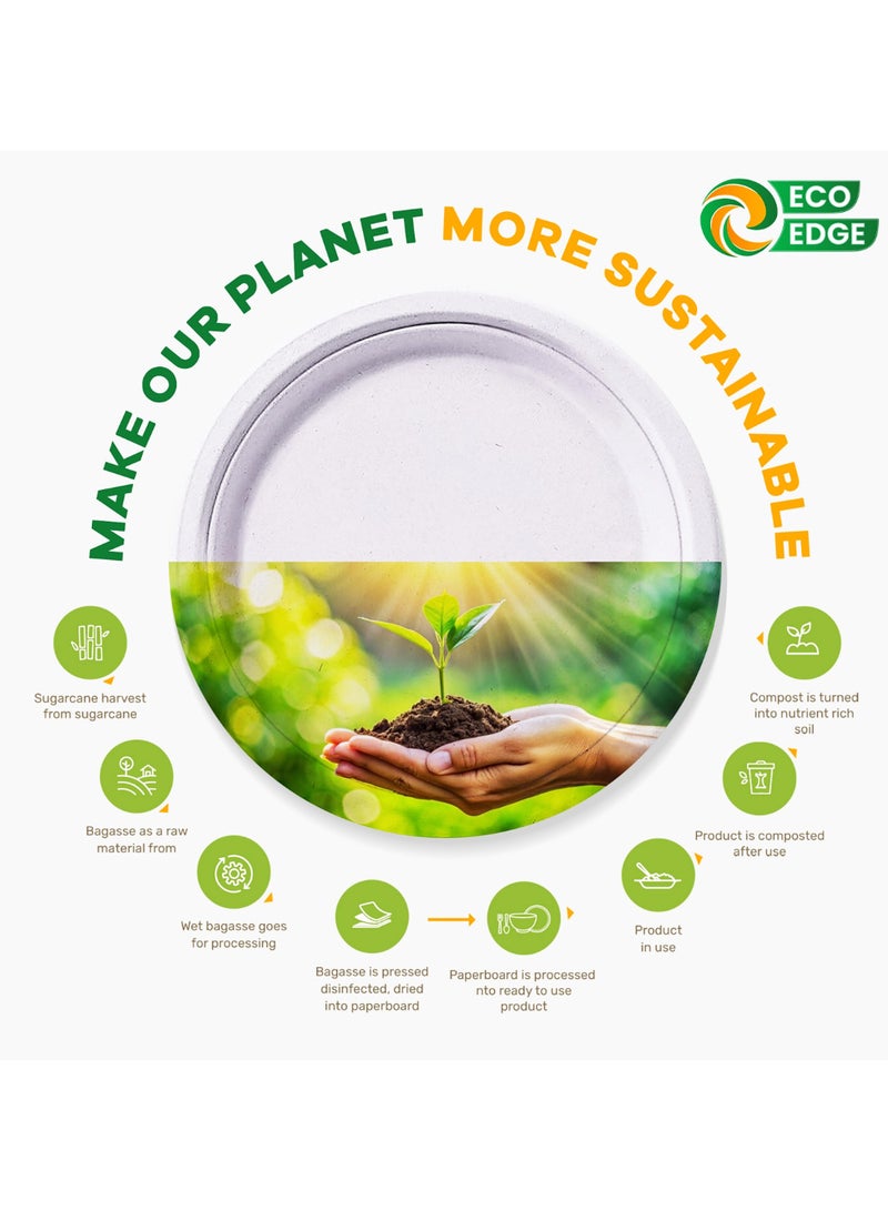 EcoEdge أطباق بيضاء قابلة للتصرف من لب قصب السكر بحجم 6 بوصات (عبوة من 25) | أدوات مائدة من الألياف الطبيعية، مستدامة، قابلة للتحلل، صديقة للبيئة | خالية من السموم، متينة، مقاومة للحرارة | 100% عضوية - Image 2