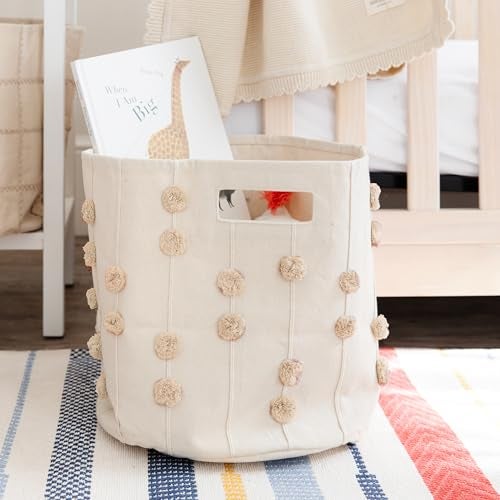 MakeMake Organics Storage Bins for Kids Nursery Bin Organizer 13x12 Laundry Basket for Closet Decorative Floor Storage Basket Canvas Fabric Storage Basket Pompom Pecan - Image 1