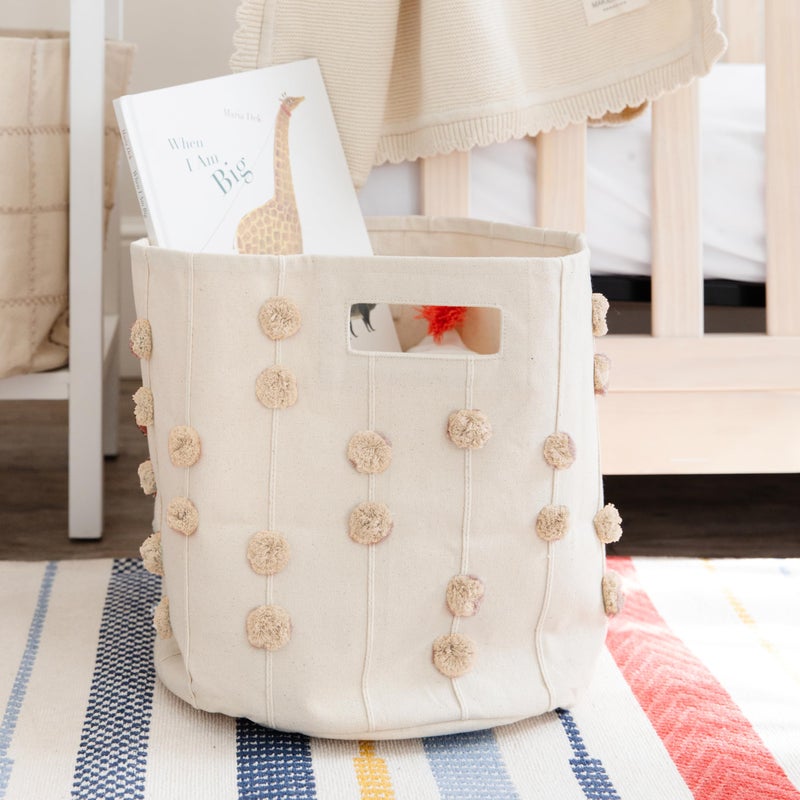 MakeMake Organics Storage Bins for Kids Nursery Bin Organizer 13x12 Laundry Basket for Closet Decorative Floor Storage Basket Canvas Fabric Storage Basket Pompom Pecan - Image 2