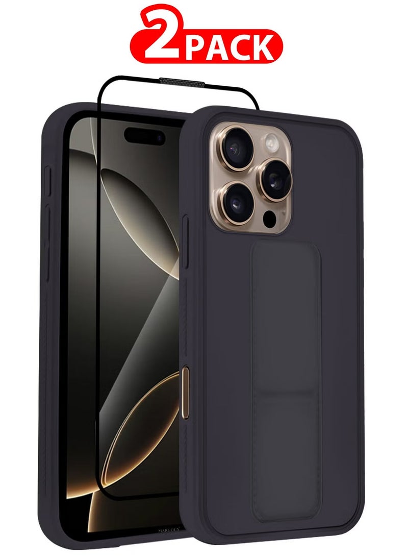 ELTRAZONE 2-Pack Premium PU Leather Case & Screen Protector for iPhone 16 Pro Max – Shockproof, Anti-Scratch, Stand Function, Finger Grip Case Cover (Dark Purple) - Image 1