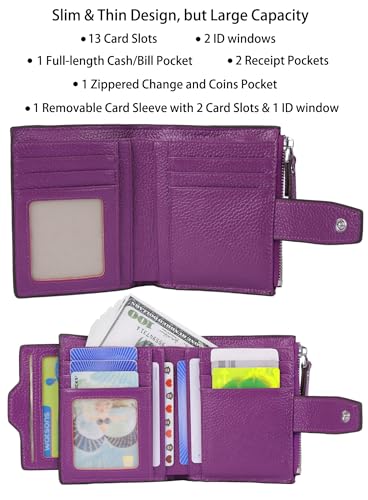 AINIMOER Women's RFID Blocking Leather Small Compact Bi-fold Zipper Pocket Wallet Card Case Purse with id Window (Lichee Purple) - Image 2