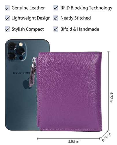 AINIMOER Women's RFID Blocking Leather Small Compact Bi-fold Zipper Pocket Wallet Card Case Purse with id Window (Lichee Purple) - Image 4