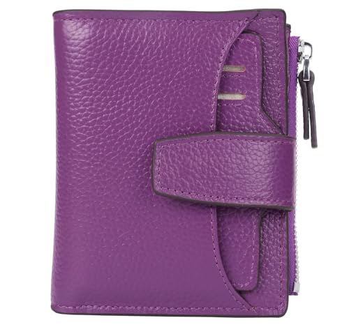 AINIMOER Women's RFID Blocking Leather Small Compact Bi-fold Zipper Pocket Wallet Card Case Purse with id Window (Lichee Purple) - Image 1