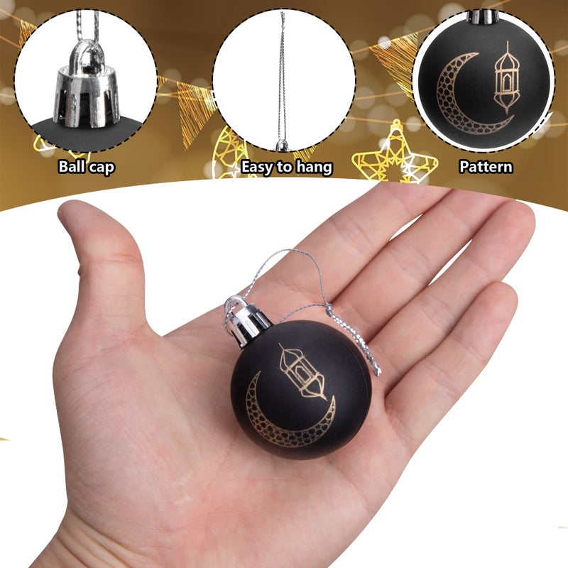 Iceyyyy 24 Pcs Ramadan Ornament Ball  1.57"" Black Gold Eid Mubarak Hanging Balls  Ramadan Mubarak Ornaments For Islamic Muslim Tree Party Decor - Image 2