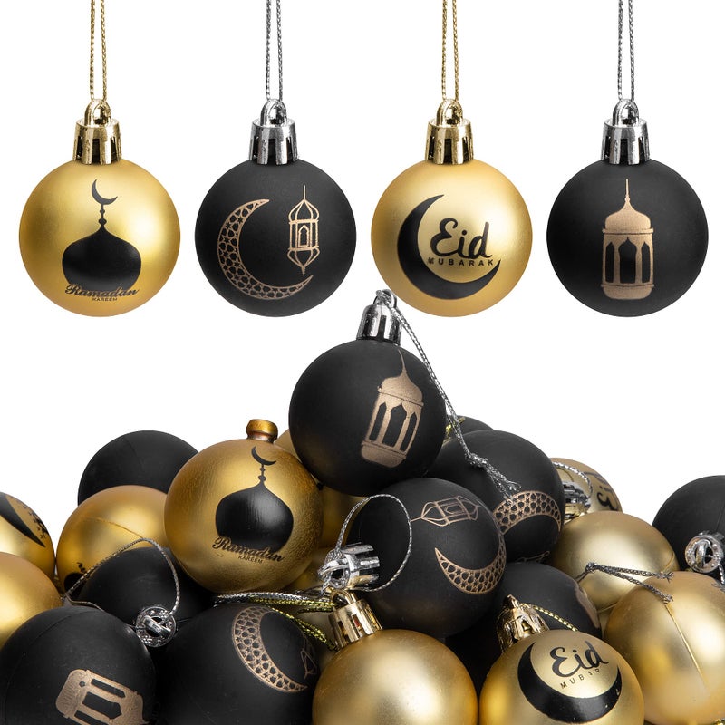 Iceyyyy 24 Pcs Ramadan Ornament Ball  1.57"" Black Gold Eid Mubarak Hanging Balls  Ramadan Mubarak Ornaments For Islamic Muslim Tree Party Decor - Image 1