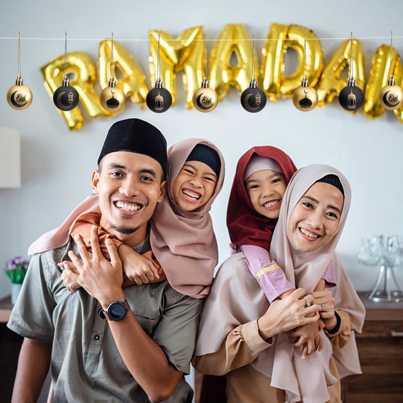 Iceyyyy 24 Pcs Ramadan Ornament Ball  1.57"" Black Gold Eid Mubarak Hanging Balls  Ramadan Mubarak Ornaments For Islamic Muslim Tree Party Decor - Image 5