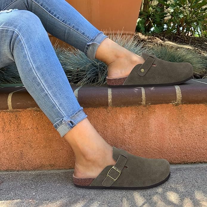 KIDMI Genuine Suede Clogs for Women Cork Footbed Sandals Leather Mules Potato Shoes with Arch Support Army Green 39 (Size 7.5-8) - Image 2
