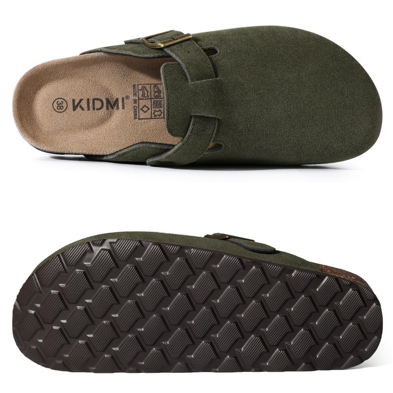 KIDMI Genuine Suede Clogs for Women Cork Footbed Sandals Leather Mules Potato Shoes with Arch Support Army Green 39 (Size 7.5-8) - Image 3