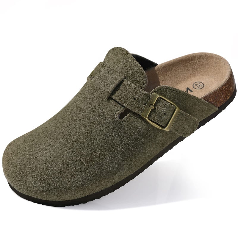 KIDMI Genuine Suede Clogs for Women Cork Footbed Sandals Leather Mules Potato Shoes with Arch Support Army Green 39 (Size 7.5-8) - Image 1
