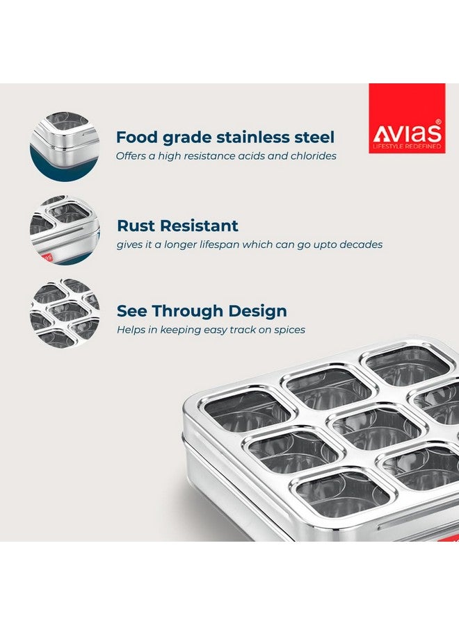 AVIAS 9 Square Stainless Steel Spice Box, Organiser with 9 Compartment, Popula Dabba, Square Masala Dani for Kitchen, Rust Resistant See-Through Lid with Unbreakable Acrylic Sheet, Design, Large - Image 2