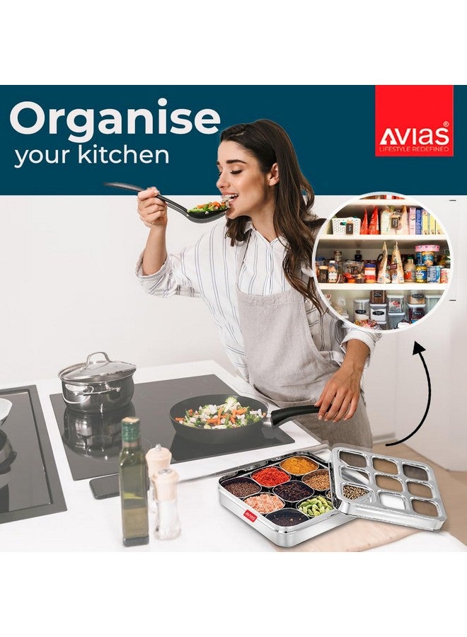 AVIAS 9 Square Stainless Steel Spice Box, Organiser with 9 Compartment, Popula Dabba, Square Masala Dani for Kitchen, Rust Resistant See-Through Lid with Unbreakable Acrylic Sheet, Design, Large - Image 4