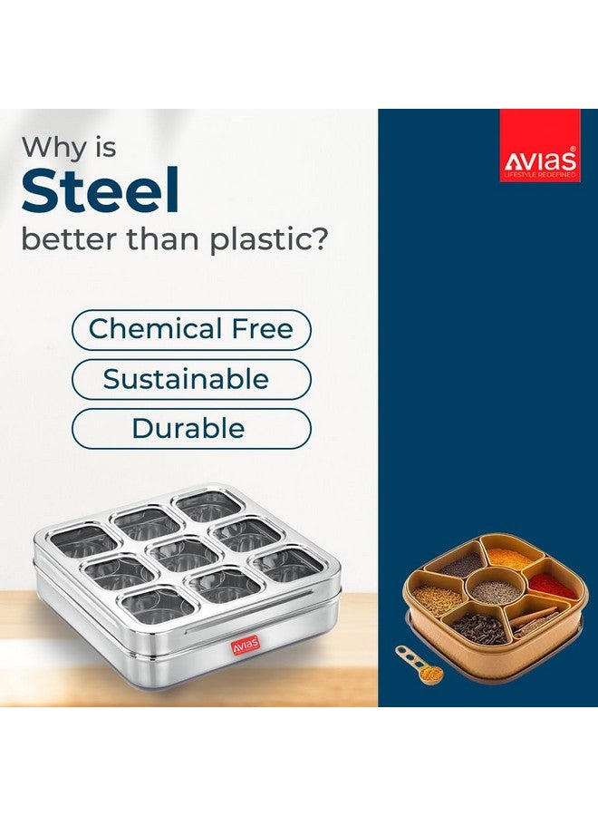 AVIAS 9 Square Stainless Steel Spice Box, Organiser with 9 Compartment, Popula Dabba, Square Masala Dani for Kitchen, Rust Resistant See-Through Lid with Unbreakable Acrylic Sheet, Design, Large - Image 3
