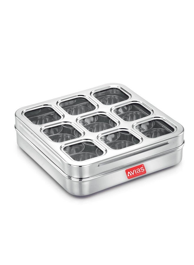 AVIAS 9 Square Stainless Steel Spice Box, Organiser with 9 Compartment, Popula Dabba, Square Masala Dani for Kitchen, Rust Resistant See-Through Lid with Unbreakable Acrylic Sheet, Design, Large - Image 1