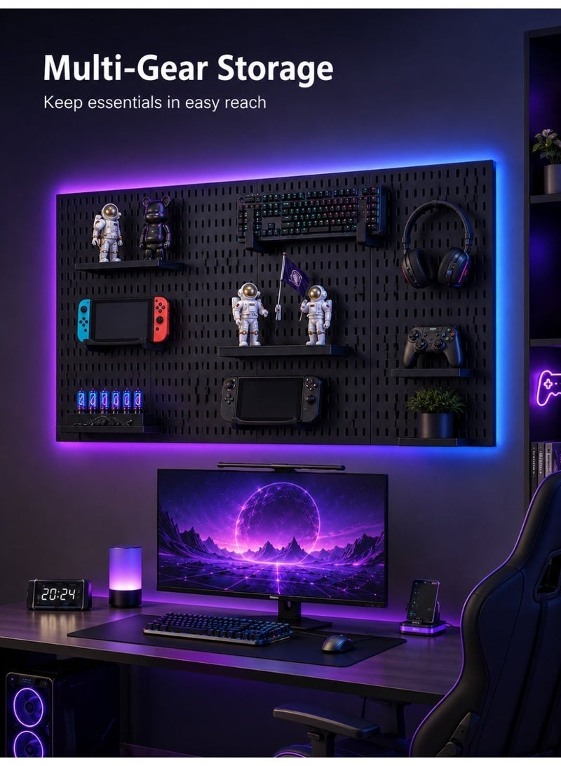 ALongDeng No-Drill Gaming Wall Organizer Pegboard, 116 x 41 cm Black Metal Peg Board with 4 Panels, 2 Shelves and 17 Hooks, Wall Storage Organizer for Keyboard, Headset, Controllers, Office and Garage - Image 5