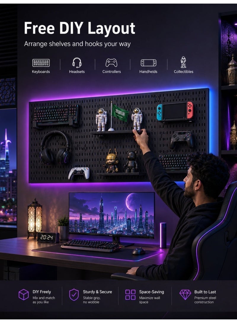 ALongDeng No-Drill Gaming Wall Organizer Pegboard, 116 x 41 cm Black Metal Peg Board with 4 Panels, 2 Shelves and 17 Hooks, Wall Storage Organizer for Keyboard, Headset, Controllers, Office and Garage - Image 4
