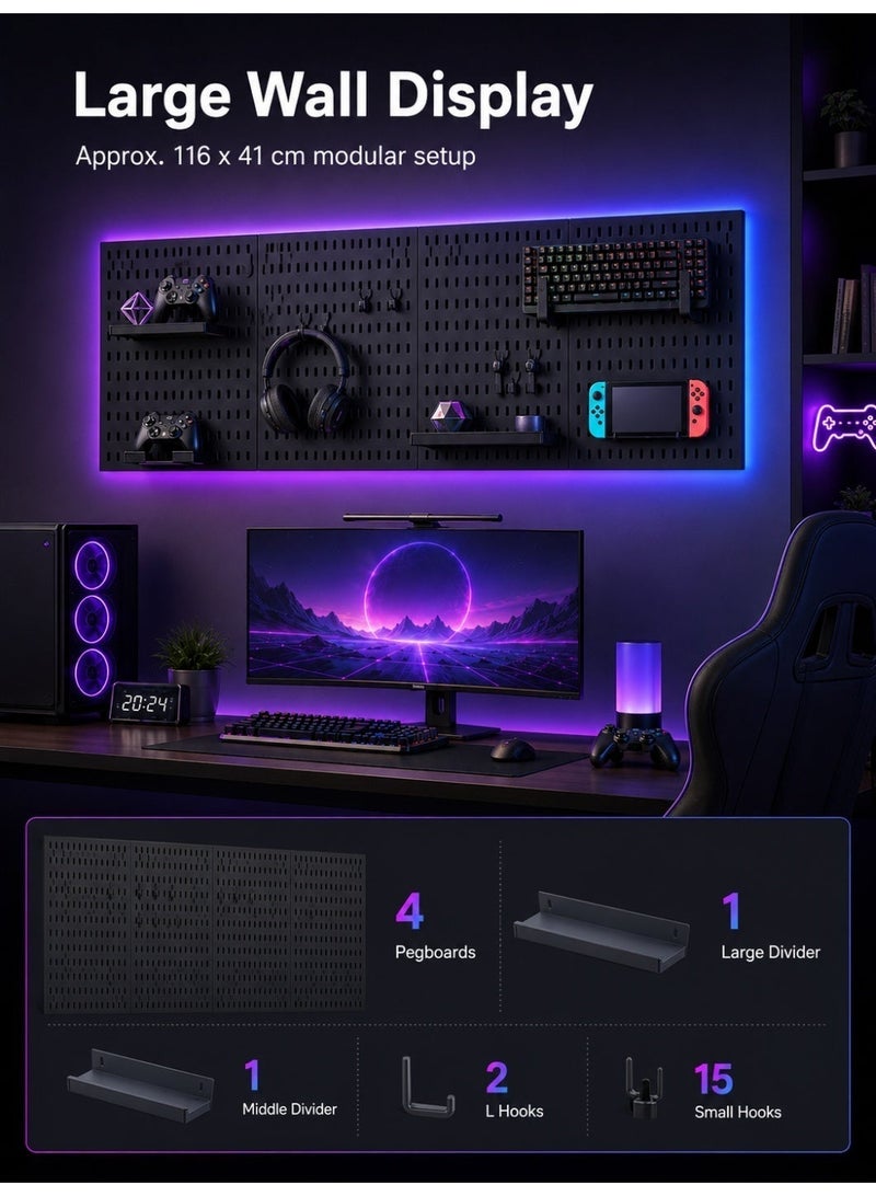 ALongDeng No-Drill Gaming Wall Organizer Pegboard, 116 x 41 cm Black Metal Peg Board with 4 Panels, 2 Shelves and 17 Hooks, Wall Storage Organizer for Keyboard, Headset, Controllers, Office and Garage - Image 3