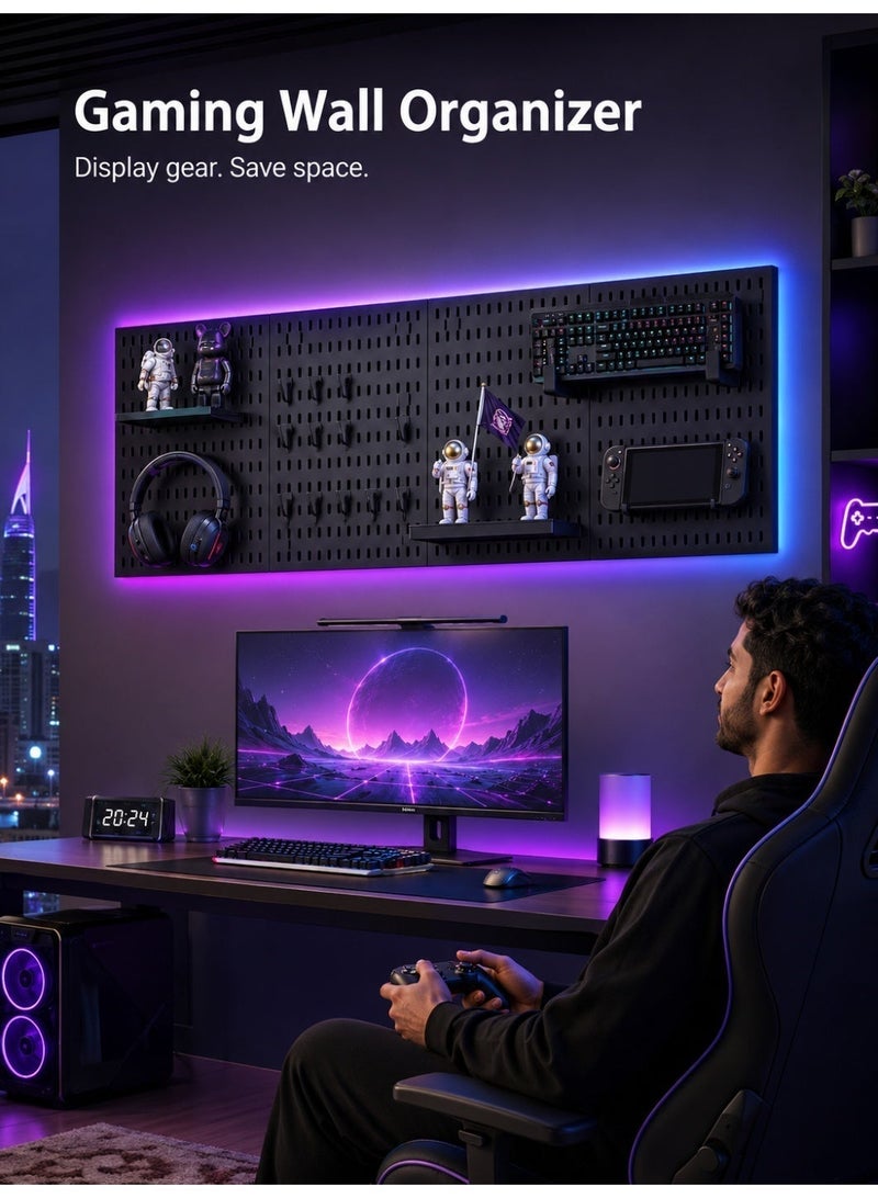 ALongDeng No-Drill Gaming Wall Organizer Pegboard, 116 x 41 cm Black Metal Peg Board with 4 Panels, 2 Shelves and 17 Hooks, Wall Storage Organizer for Keyboard, Headset, Controllers, Office and Garage - Image 2