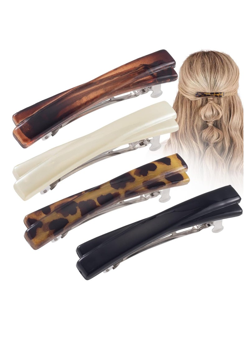 St 4PCS French Barrette Hair Clips for Women, 2.5 Inch Small Tortoise Shell Hair Clip, Curved Glossy Thin Hair Flat Hair Accessories for Women (Black, White, Leopard Color, Amber) - Image 1